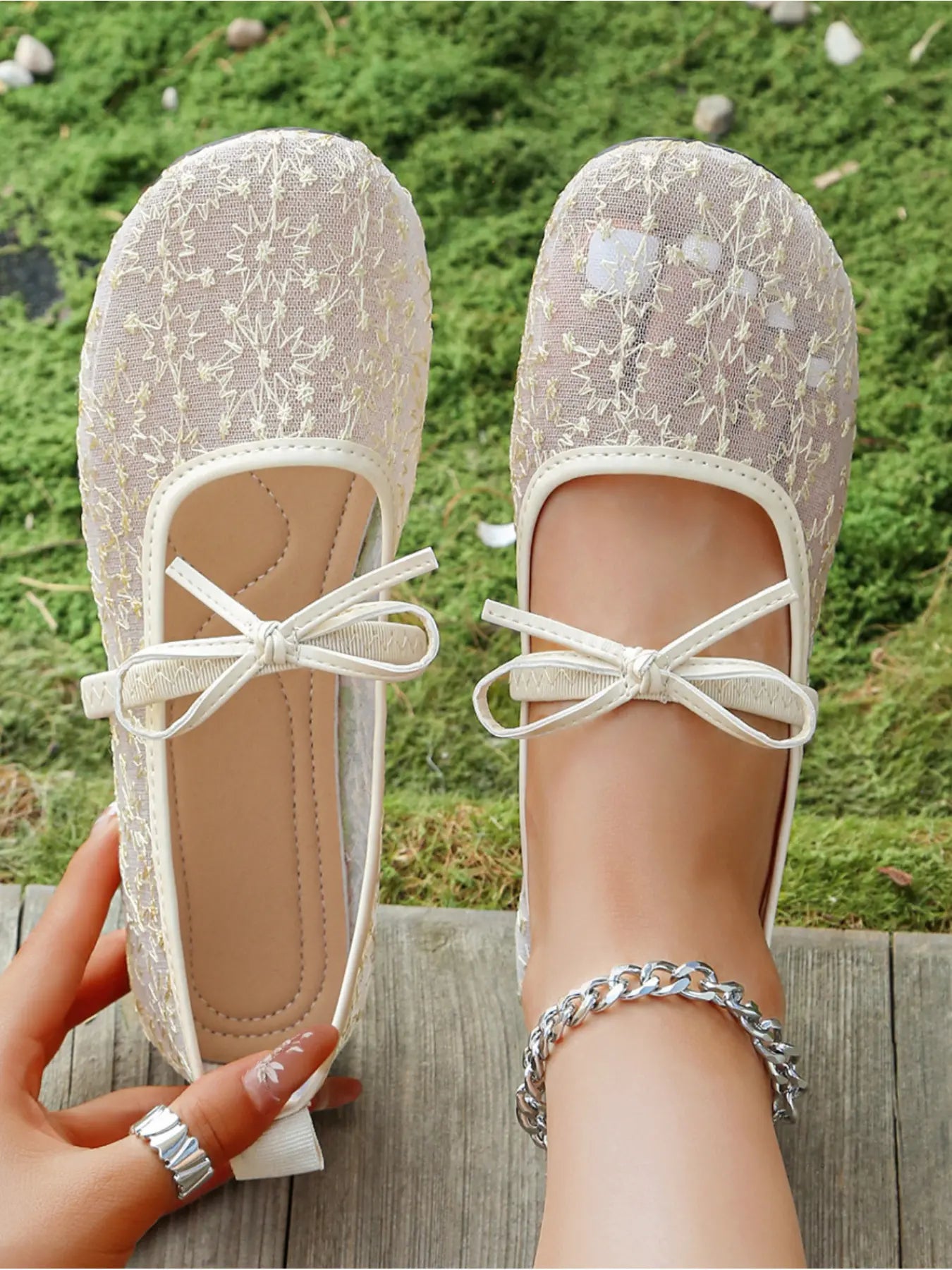 Women's Mesh Mary Jane Flats – Round Toe, Bow
