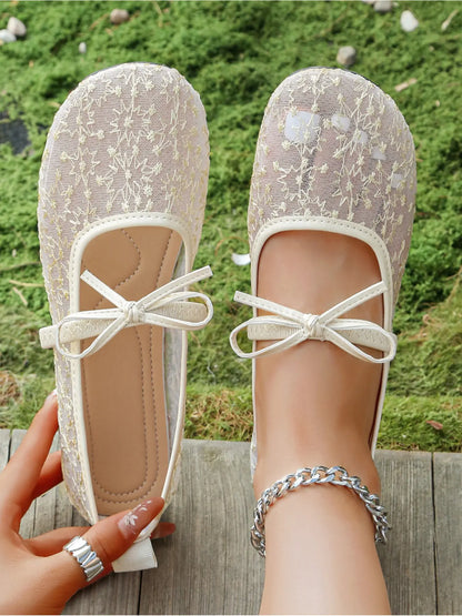 Women's Mesh Mary Jane Flats – Round Toe, Bow