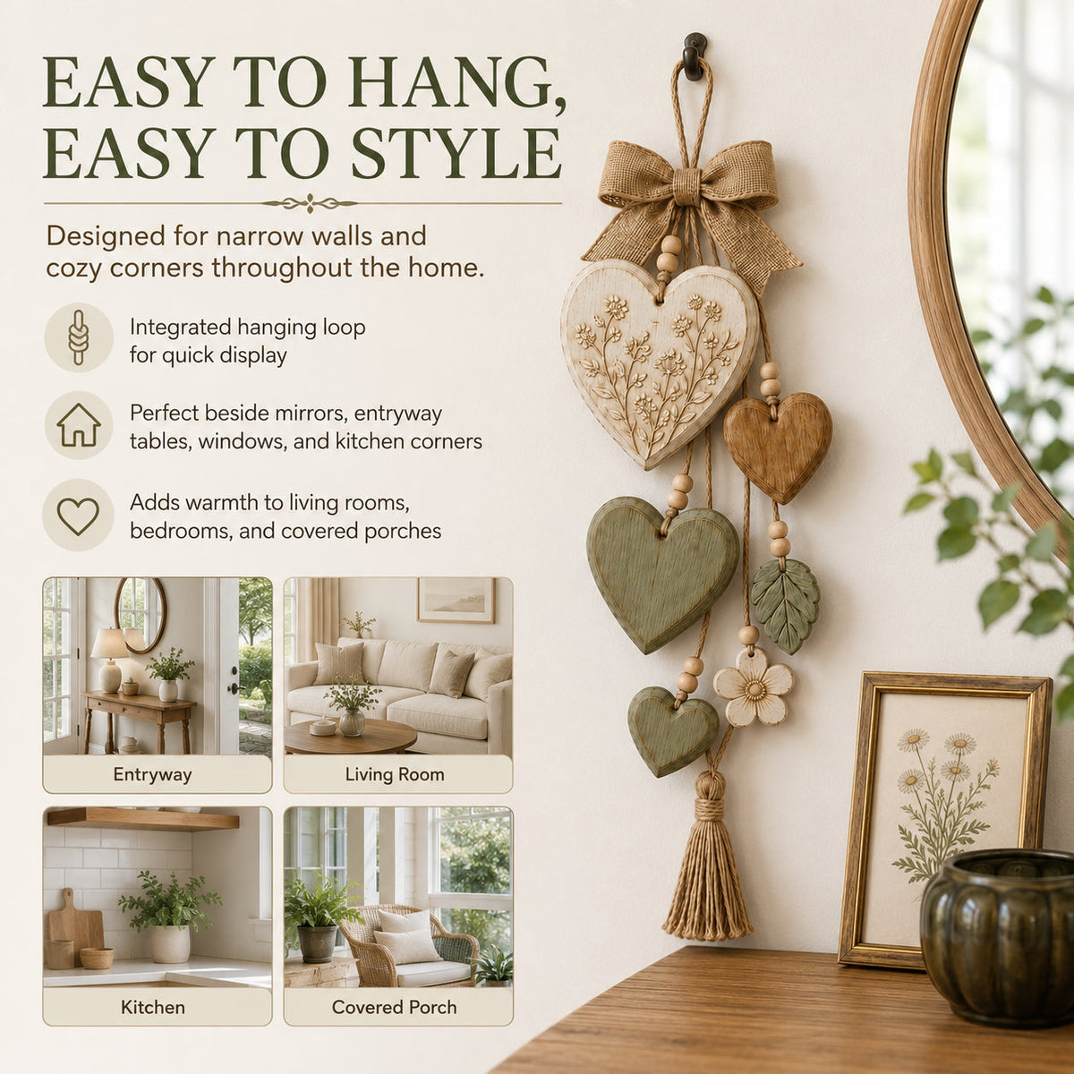 Rustic Heart & Wildflower Wall Hanging – Solid Wood Farmhouse Décor