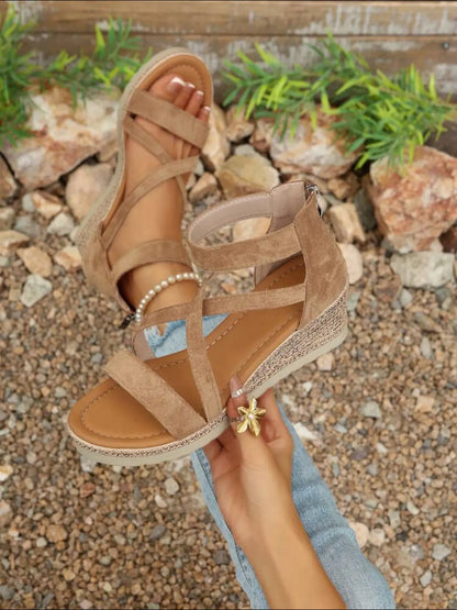 Women's Velvet Wedge Sandals – Chunky Sole, Cross-Strap