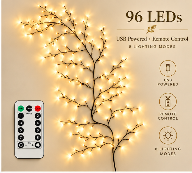 Flexible LED Branch Lights | Remote-Controlled Holiday Wall Decor