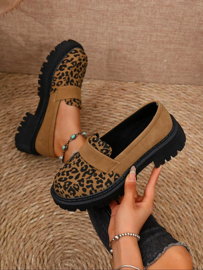 Women's Leopard Print Loafers – Round Toe, Chunky Sole, Slip-On