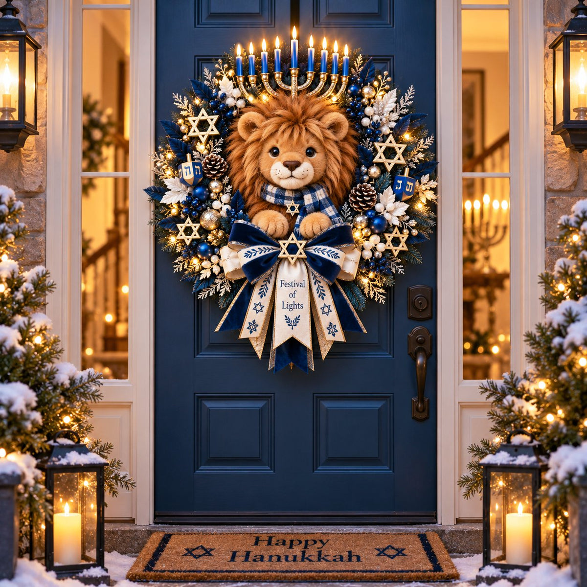 Lion of Judah Hanukkah Lighted Wreath - A Warm & Meaningful Welcome for the Festival of Lights