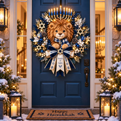 Lion of Judah Hanukkah Lighted Wreath - A Warm & Meaningful Welcome for the Festival of Lights