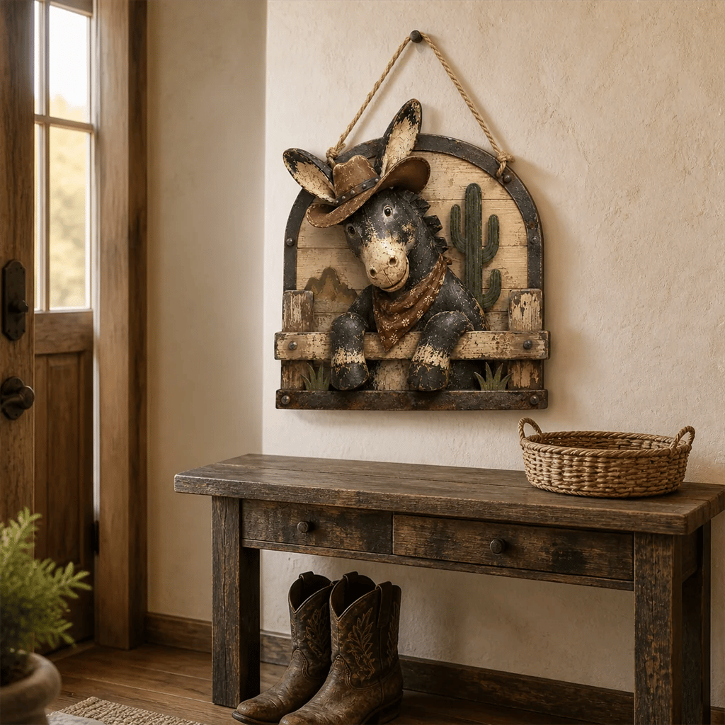 Rustic Cowboy Donkey Wall Hanging – Western Farmhouse Décor & Country Keepsake