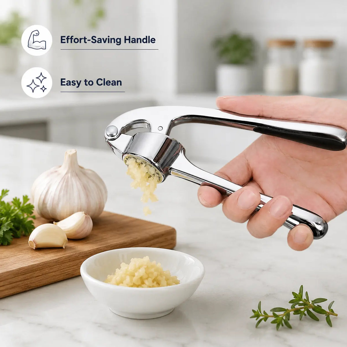 Stainless Steel Garlic Press, Heavy Duty Manual Garlic Crusher Tool