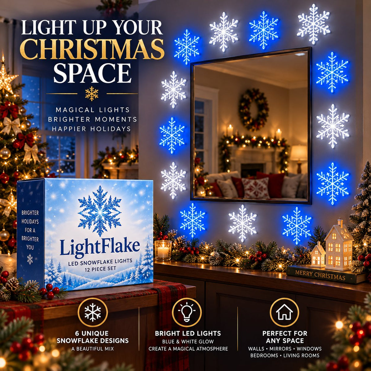 Last Day 49% OFF – LED Snowflake Wall Lights with Blue & White Glow, Remote Control