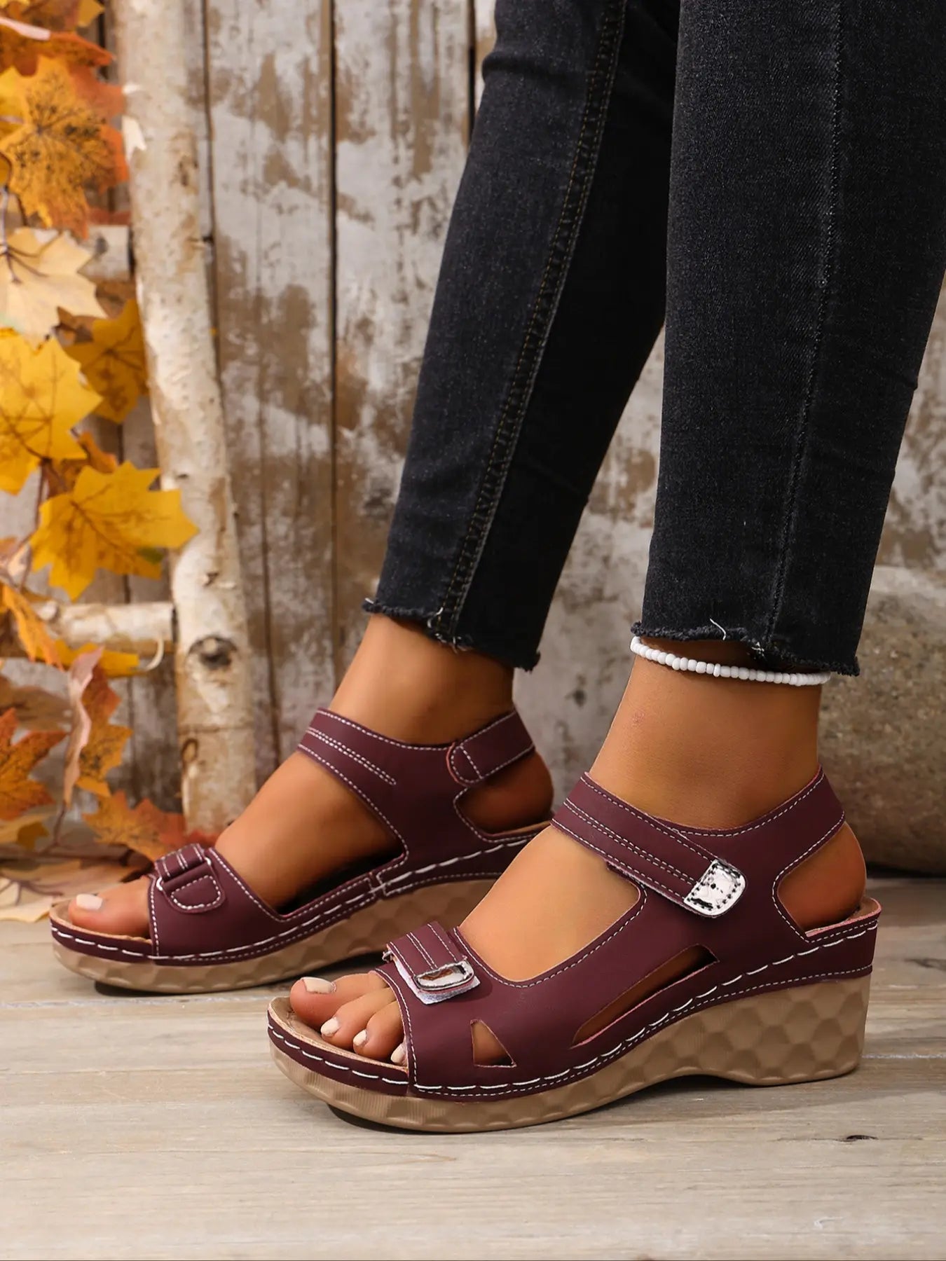 Women's Faux Leather Wedge Sandals – Open Toe, Cut-Out, Chunky Sole