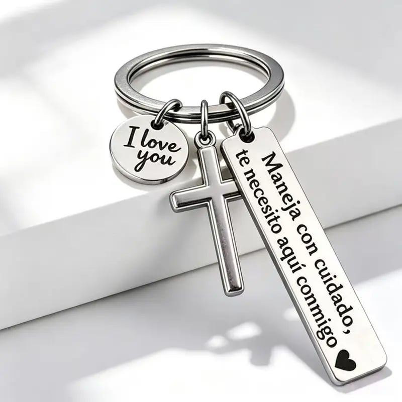 Keychain with Cross and 'I Love You' Charm
