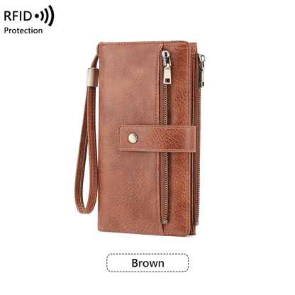 Women's long wallet, stylish clutch, elegant solid color RFID blocking leather wallet