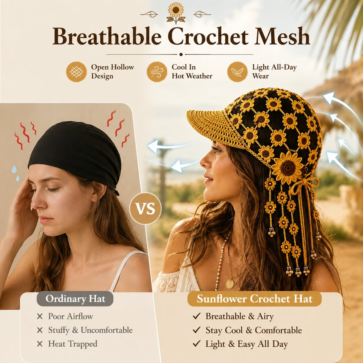 Handmade Crochet Sunflower Tassel Bell Hat | Adjustable Boho Festival Headpiece，Lightweight For Vacation & Photoshoots