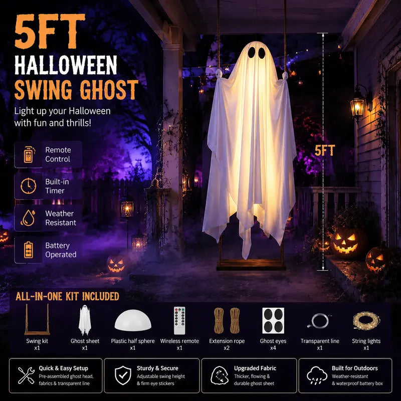 5FT Lighted Hanging Ghost Swing – Outdoor Halloween Decor