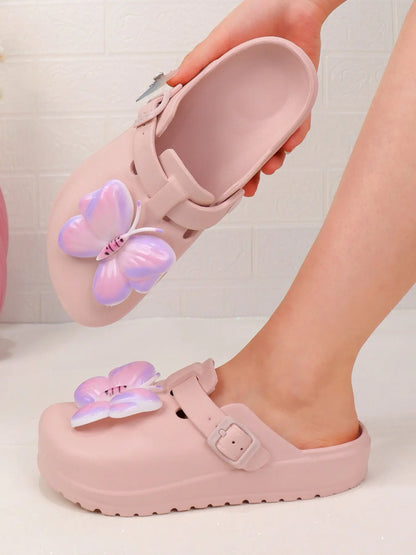 Women's Butterfly Print EVA Clogs – Round Toe, Adjustable Strap