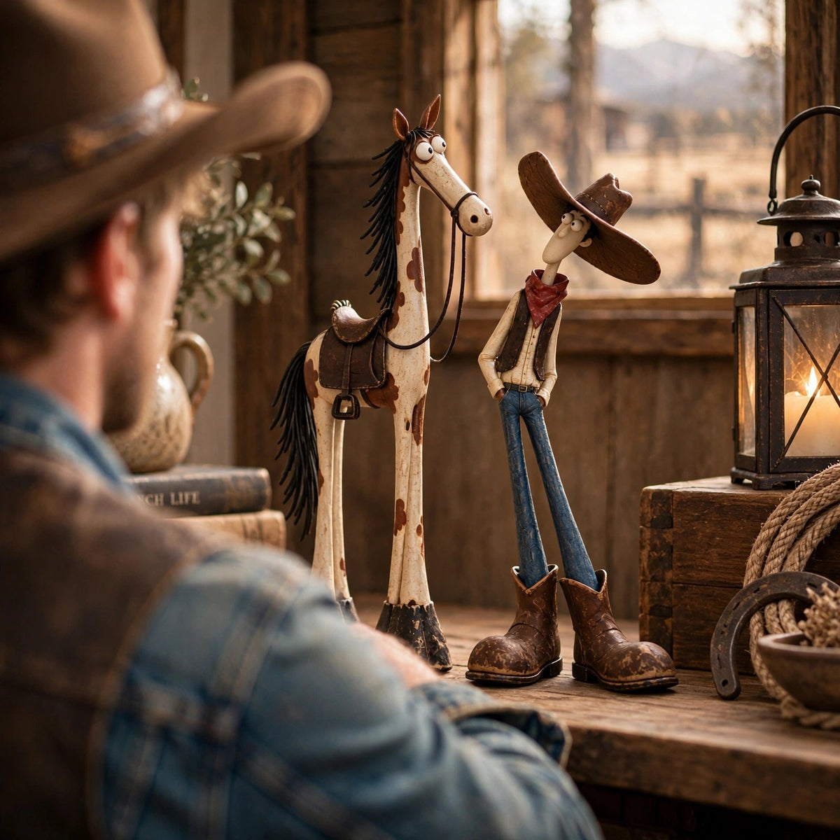 Whimsical Western Cowboy & Horse Figurine Duo