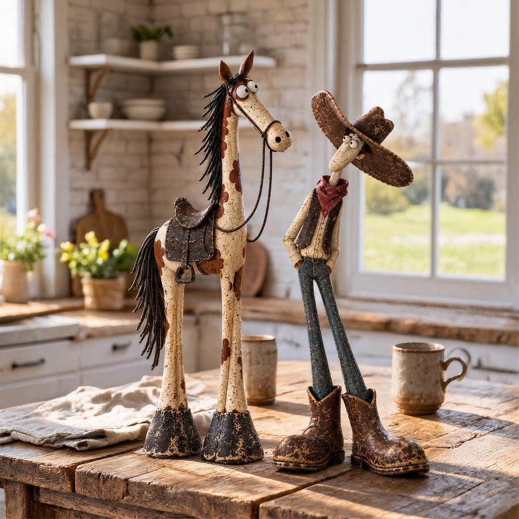 Whimsical Western Cowboy & Horse Figurine Duo