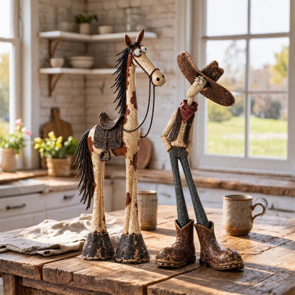 Whimsical Western Cowboy & Horse Figurine Duo