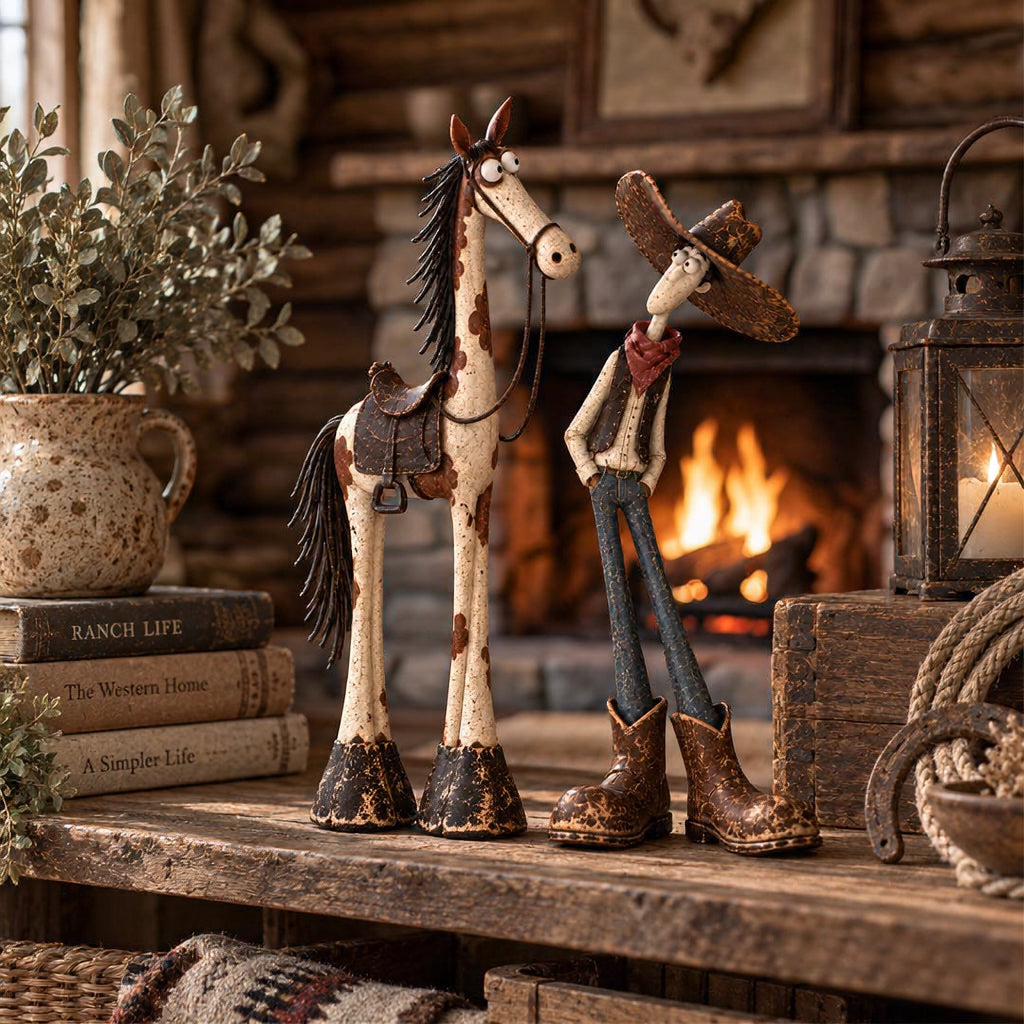 Whimsical Western Cowboy & Horse Figurine Duo