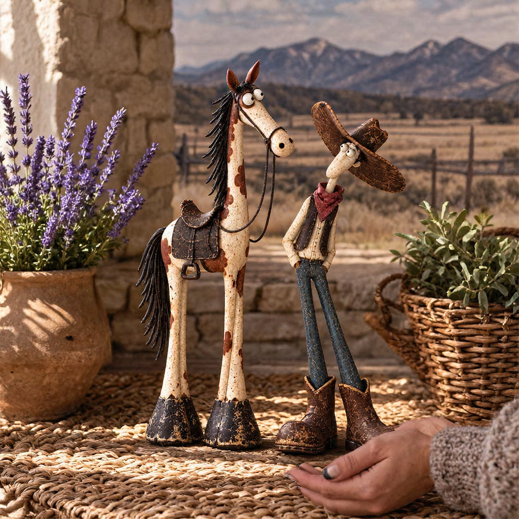 Whimsical Western Cowboy & Horse Figurine Duo