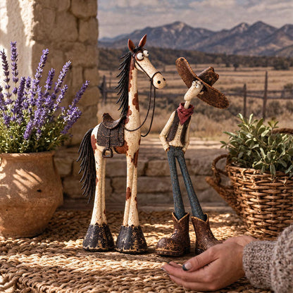 Whimsical Western Cowboy & Horse Figurine Duo