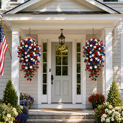Patriotic Hanging Flower Baskets – Artificial Outdoor Decor, No Maintenance