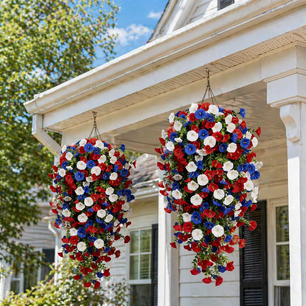 Patriotic Hanging Flower Baskets – Artificial Outdoor Decor, No Maintenance