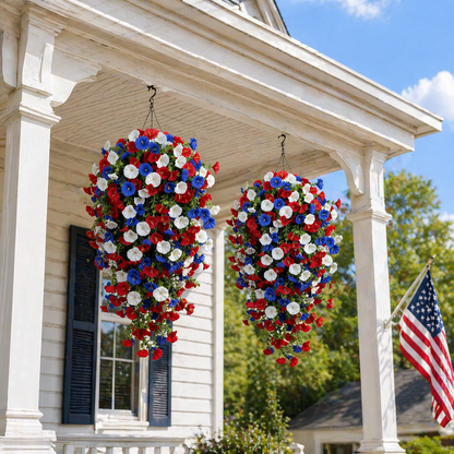Patriotic Hanging Flower Baskets – Artificial Outdoor Decor, No Maintenance