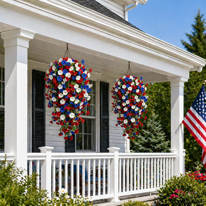 Patriotic Hanging Flower Baskets – Artificial Outdoor Decor, No Maintenance