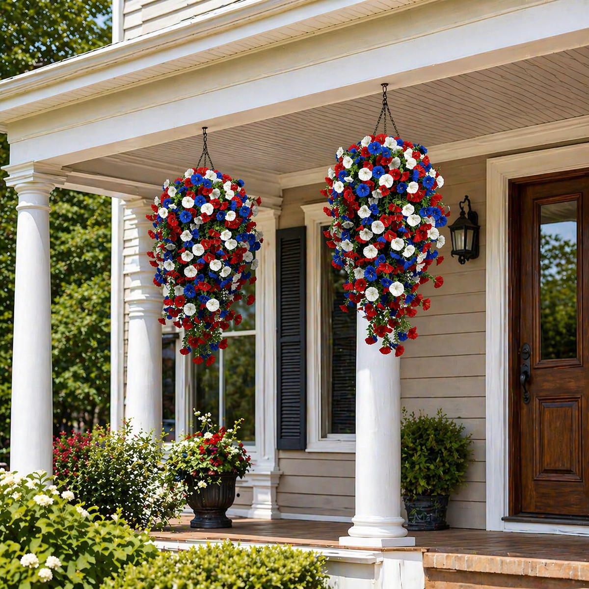 Patriotic Hanging Flower Baskets – Artificial Outdoor Decor, No Maintenance