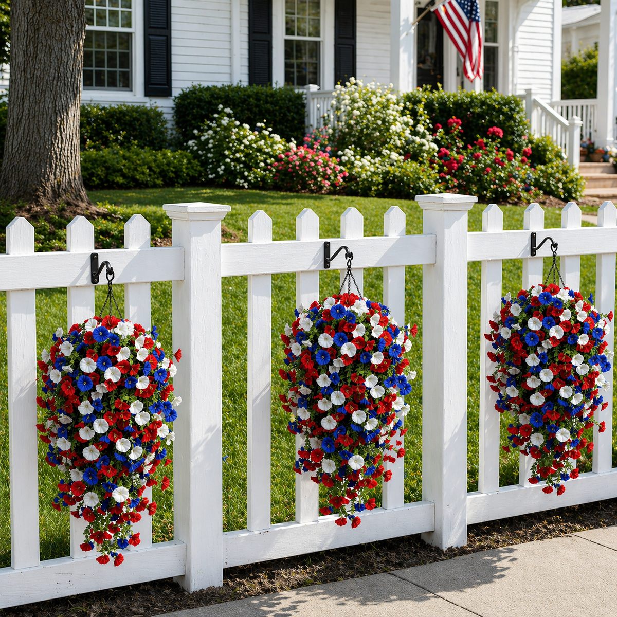 Patriotic Hanging Flower Baskets – Artificial Outdoor Decor, No Maintenance