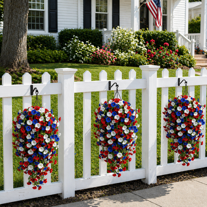 Patriotic Hanging Flower Baskets – Artificial Outdoor Decor, No Maintenance