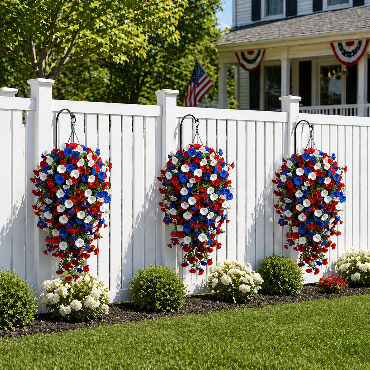 Patriotic Hanging Flower Baskets – Artificial Outdoor Decor, No Maintenance