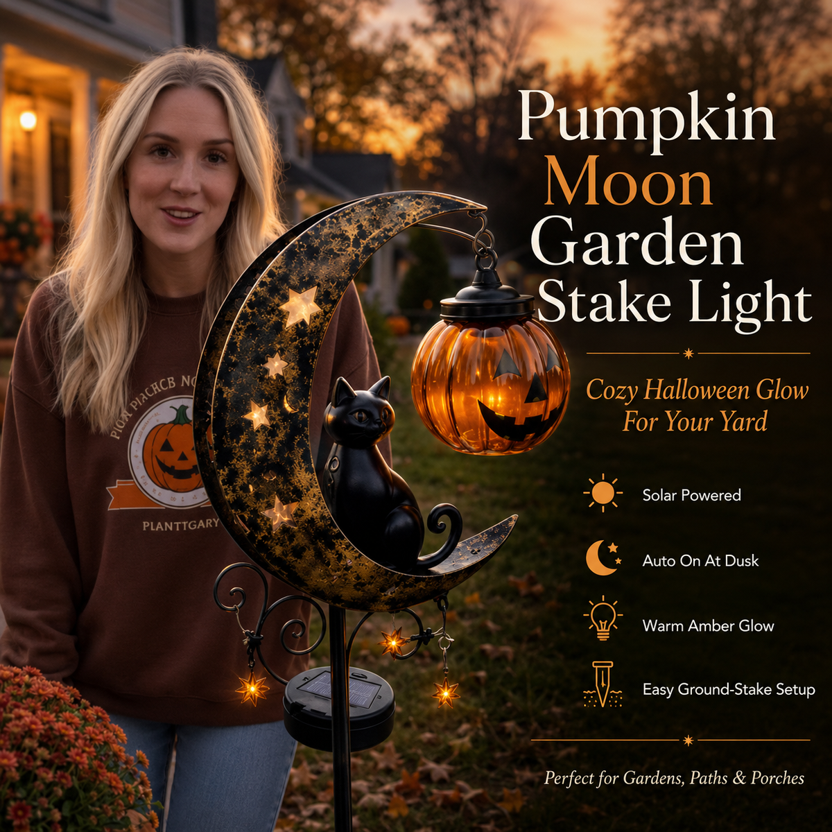 Solar Black Cat & Pumpkin Moon Stake Light