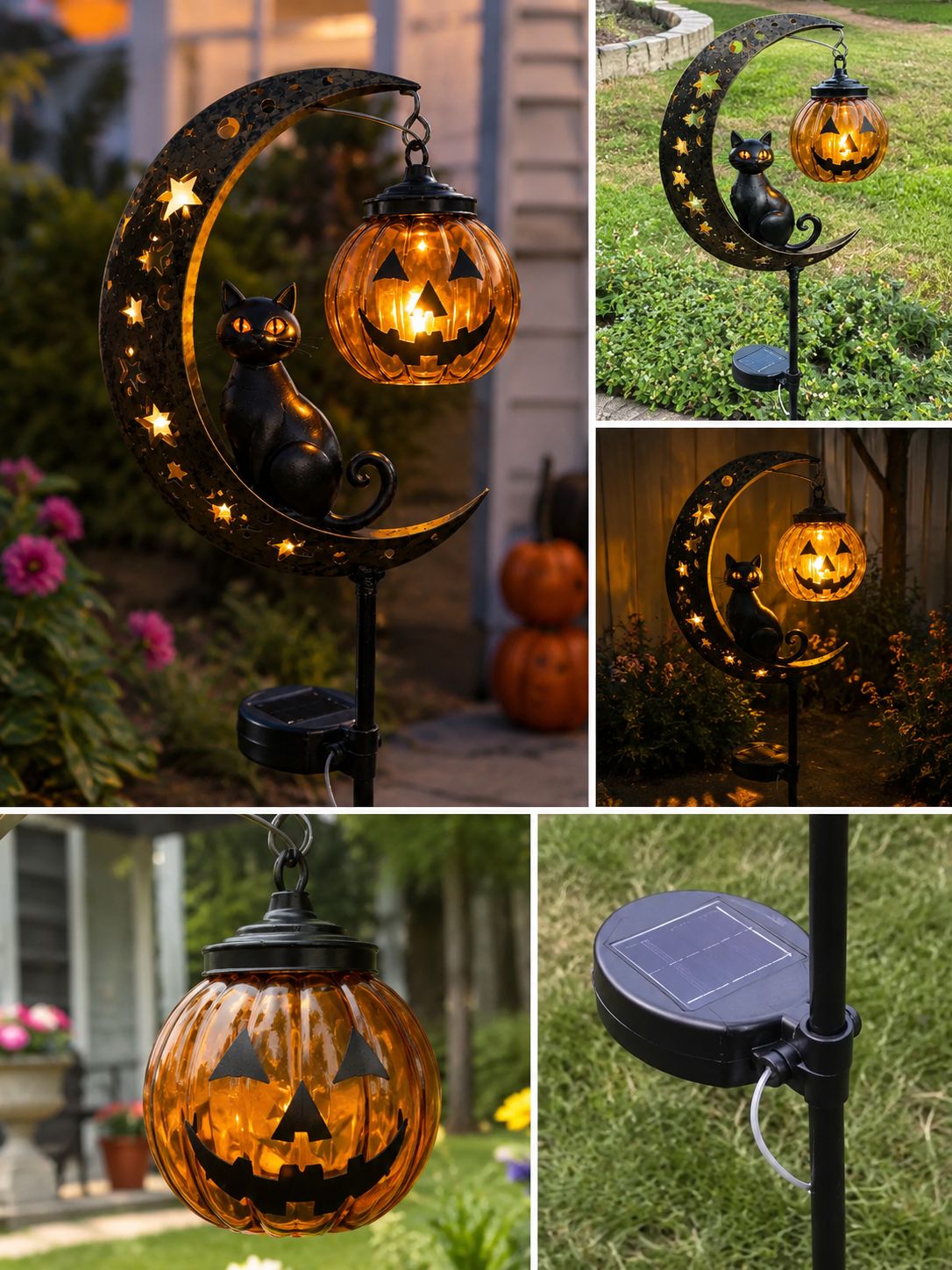 Solar Black Cat & Pumpkin Moon Stake Light