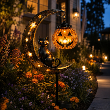 Solar Black Cat & Pumpkin Moon Stake Light