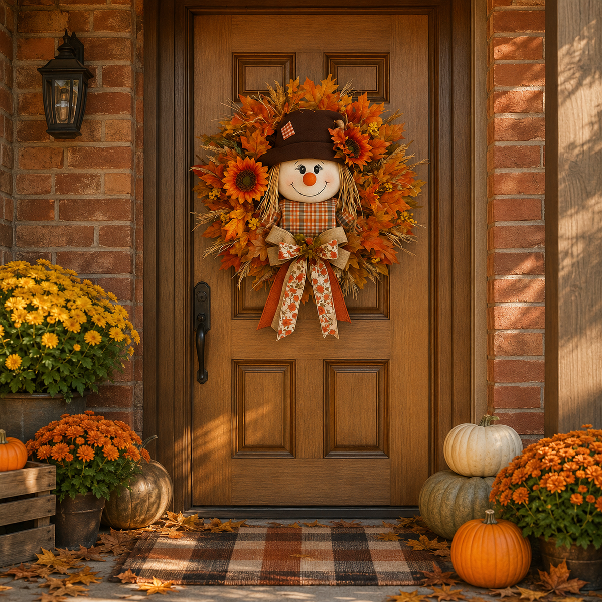 Fall Favorite – Lighted Scarecrow Front Door Wreath