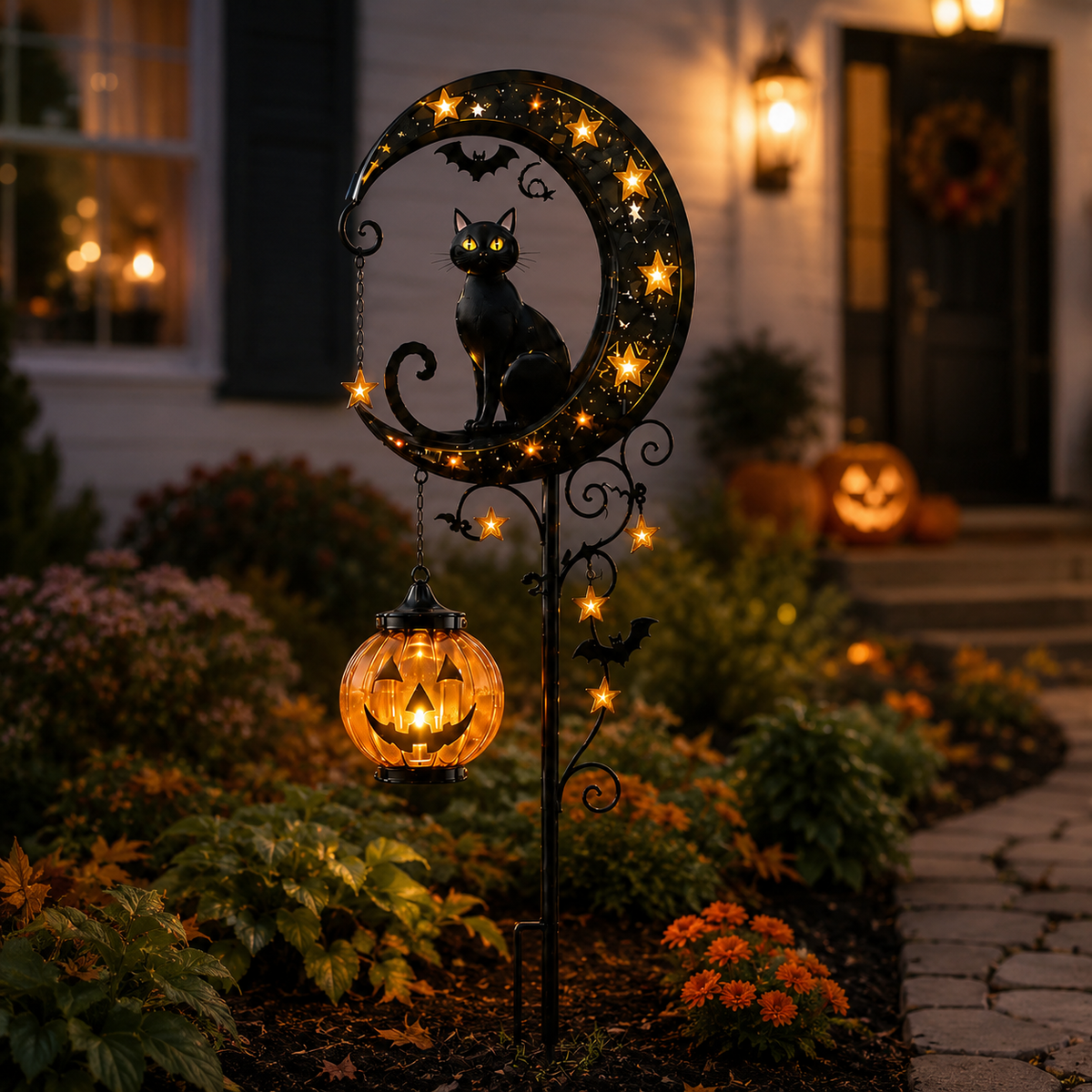 Solar Black Cat & Pumpkin Moon Stake Light
