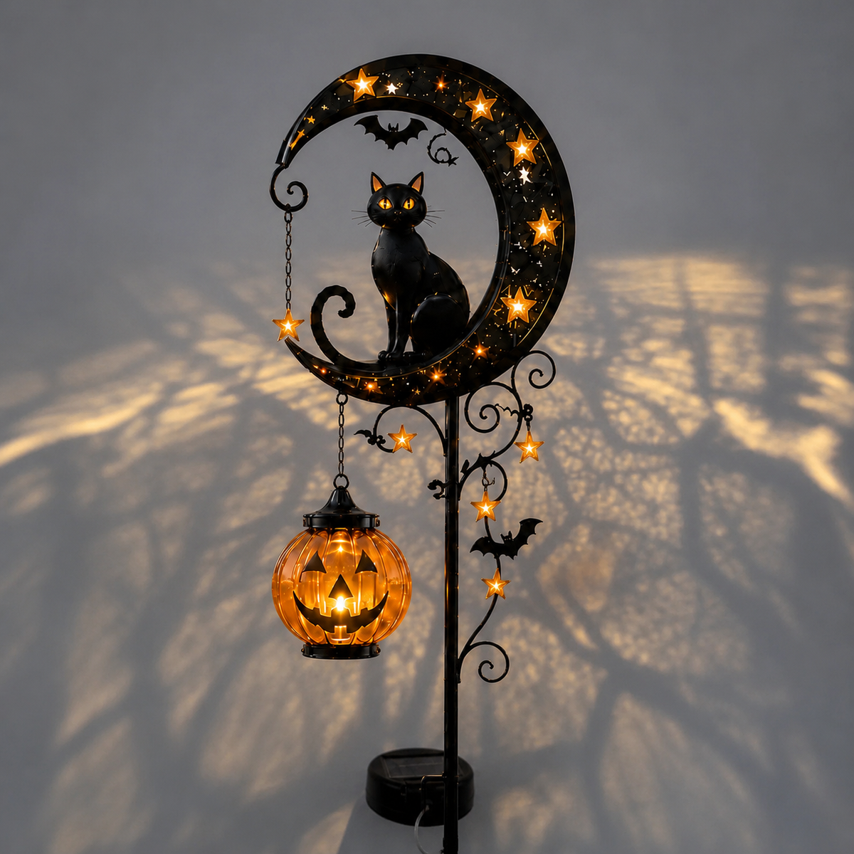 Solar Black Cat & Pumpkin Moon Stake Light