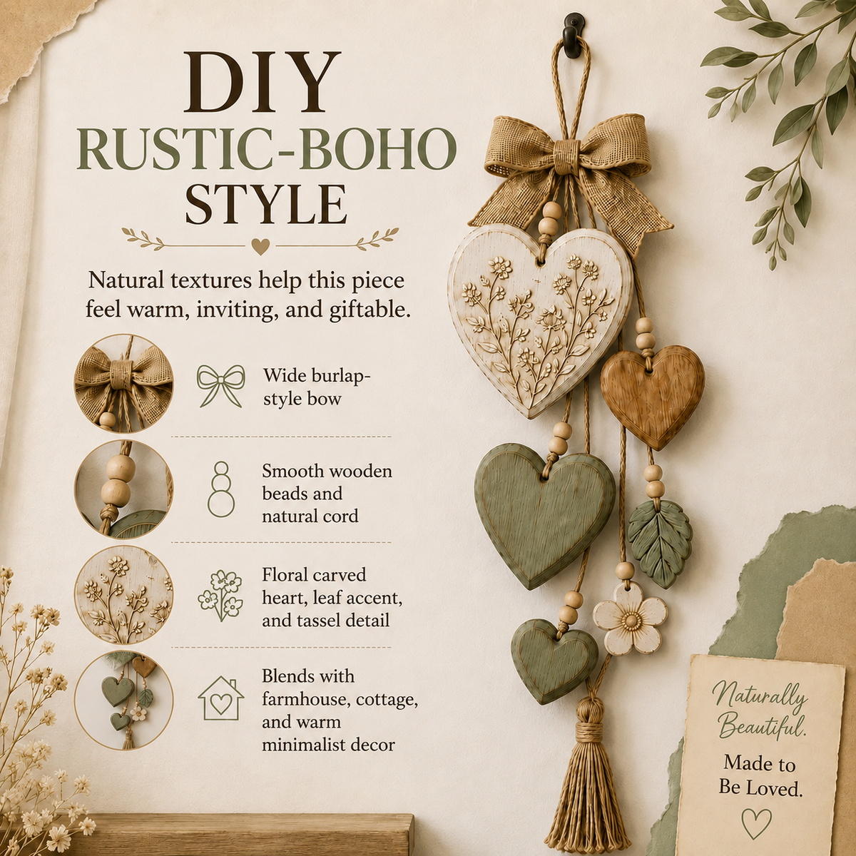 Rustic Heart & Wildflower Wall Hanging – Solid Wood Farmhouse Décor
