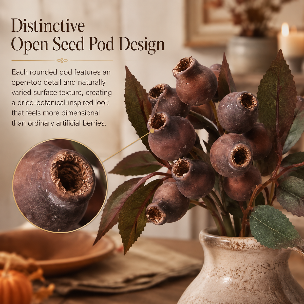 Rustic Artificial Seed Pod Bouquet – 3 Decorative Stems for Cozy Home Decor