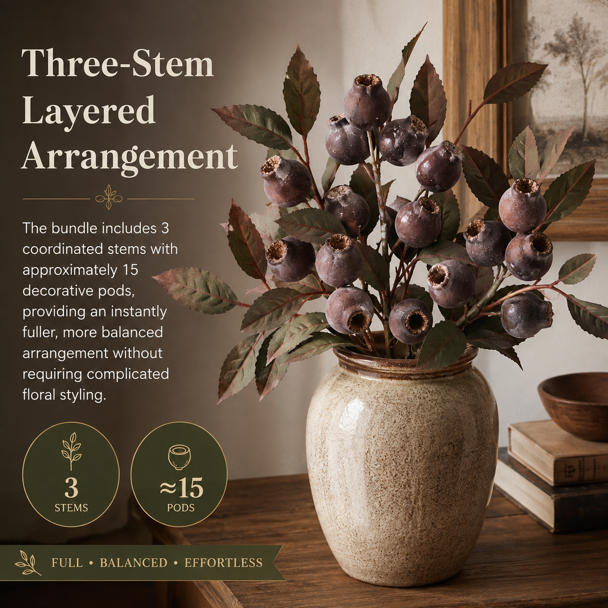 Rustic Artificial Seed Pod Bouquet – 3 Decorative Stems for Cozy Home Decor
