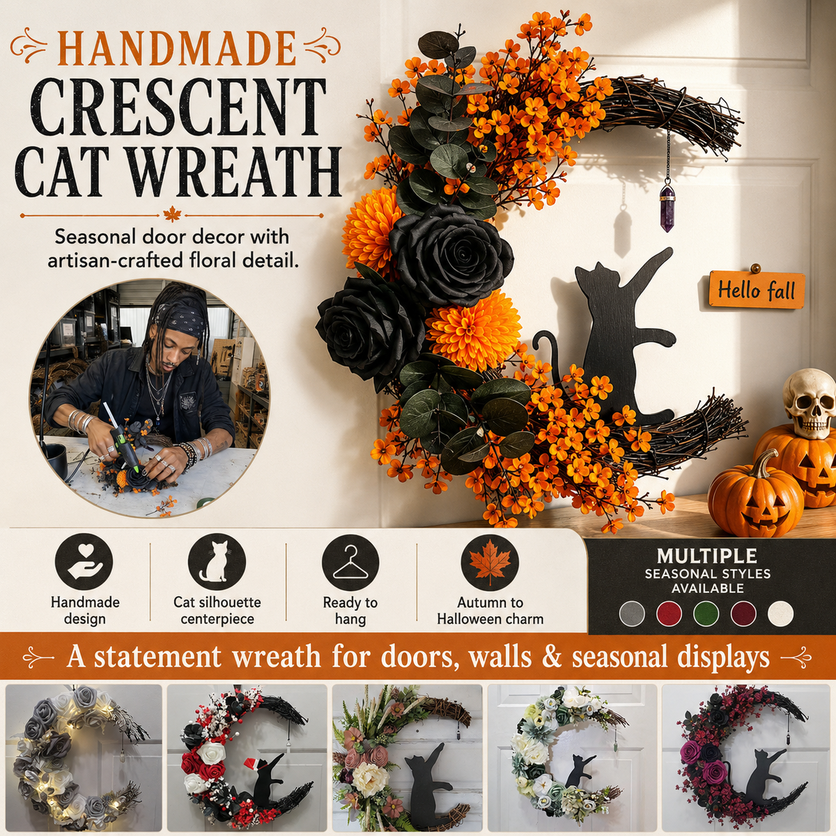 Handmade Halloween Cat Wreath