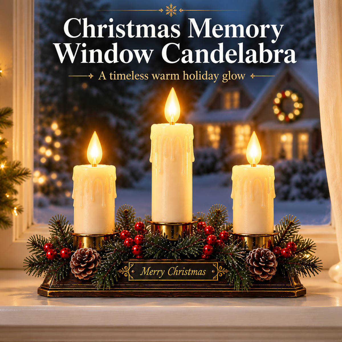Christmas Memory Window Candelabra – 3-Light LED Holiday Decor