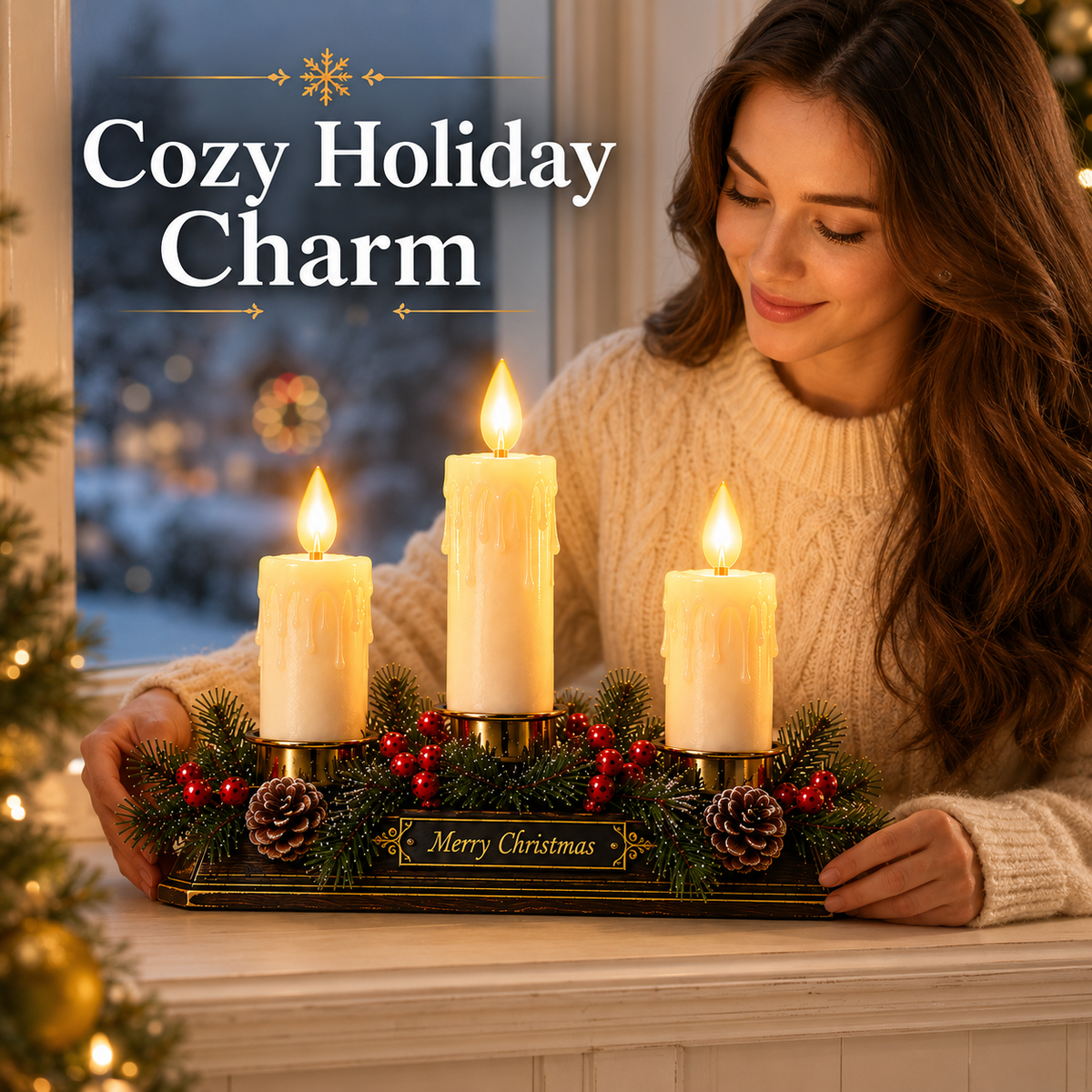 Christmas Memory Window Candelabra – 3-Light LED Holiday Decor