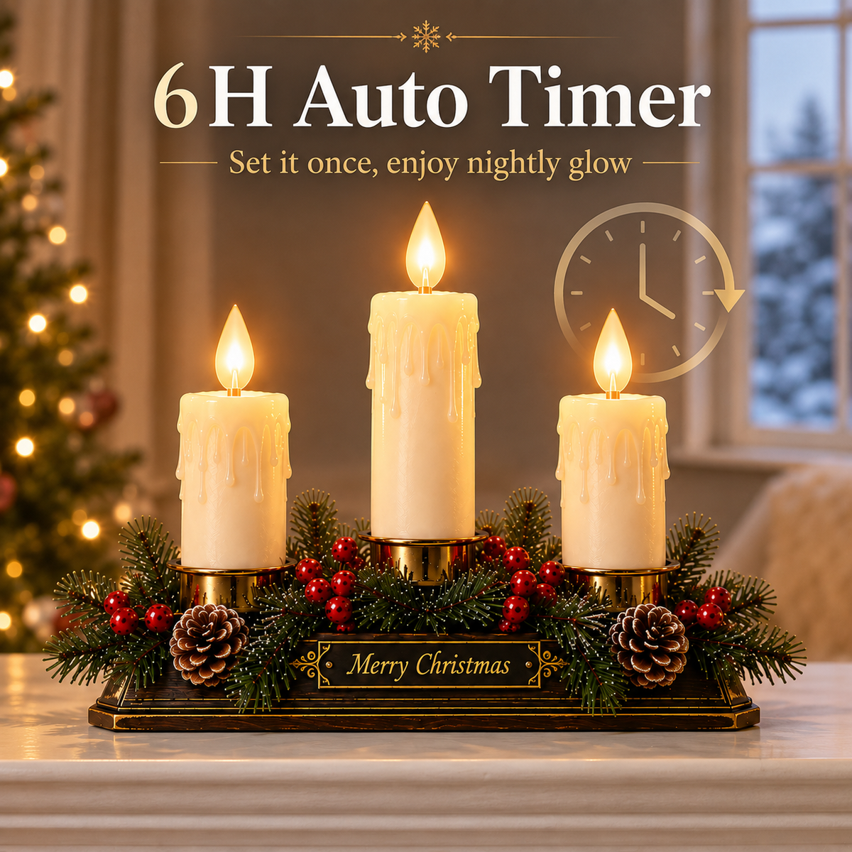 Christmas Memory Window Candelabra – 3-Light LED Holiday Decor