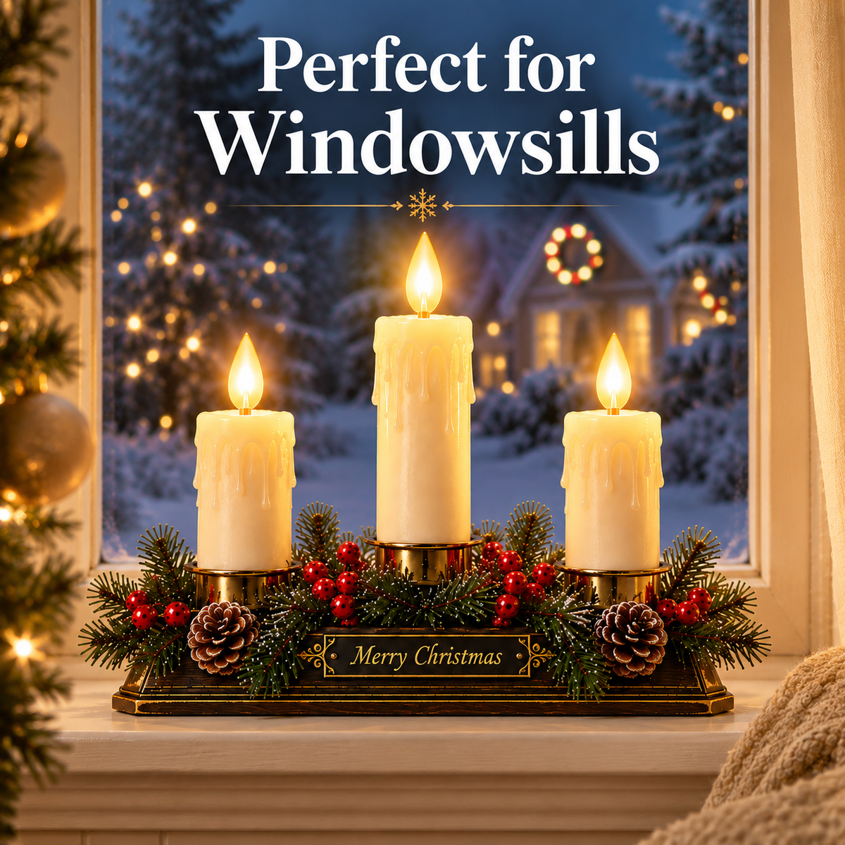 Christmas Memory Window Candelabra – 3-Light LED Holiday Decor