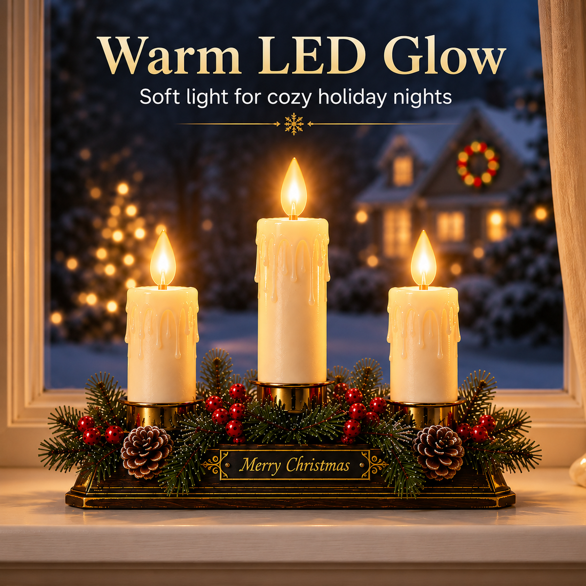 Christmas Memory Window Candelabra – 3-Light LED Holiday Decor