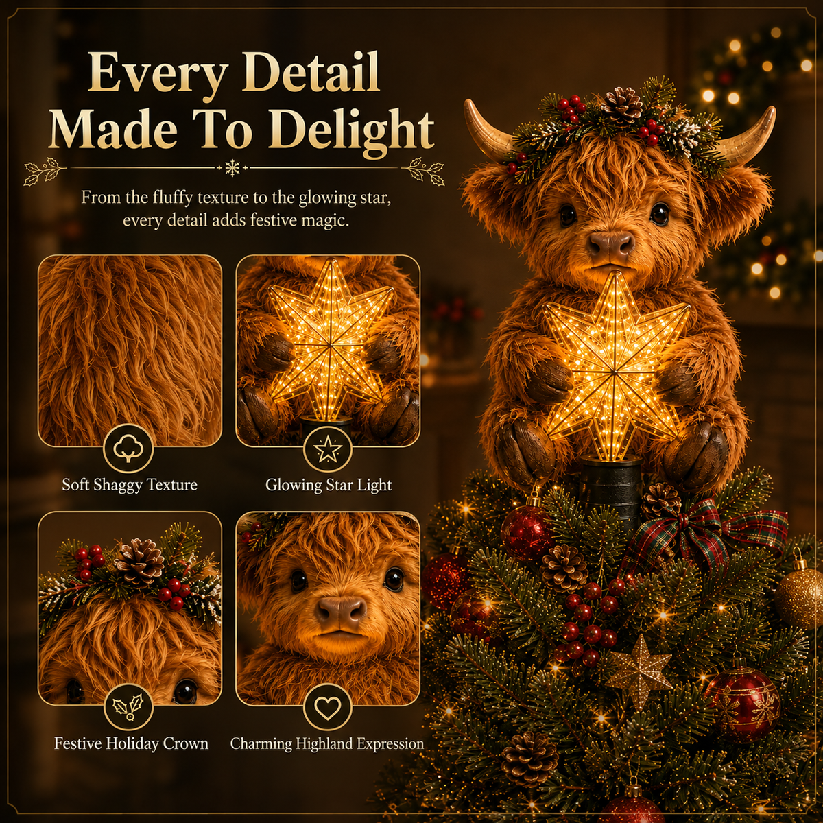 Baby Highland Cow Glowing Star Tree Topper