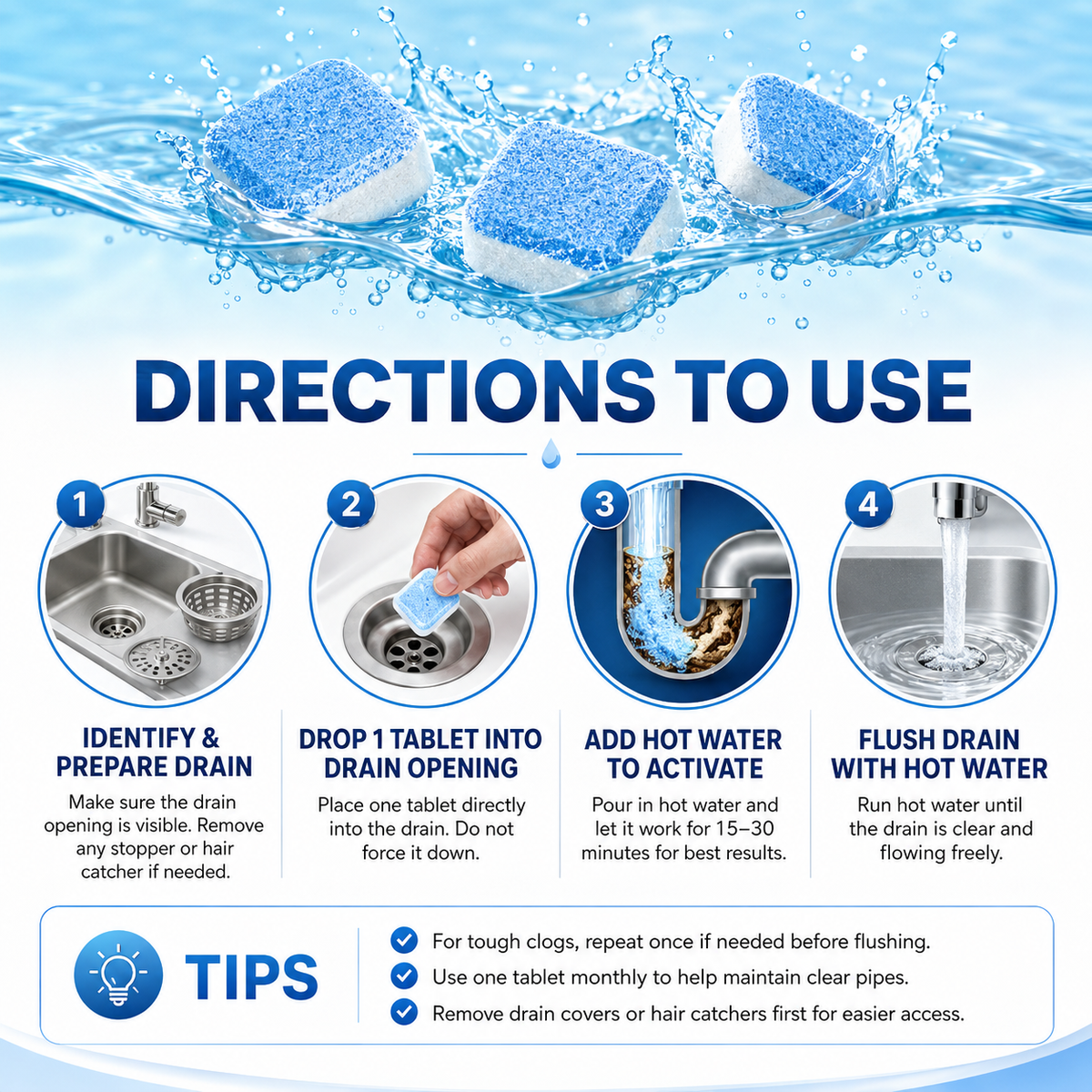 Drain Cleaning Tablets 12 Pack For Sinks, Showers & Washing Machines
