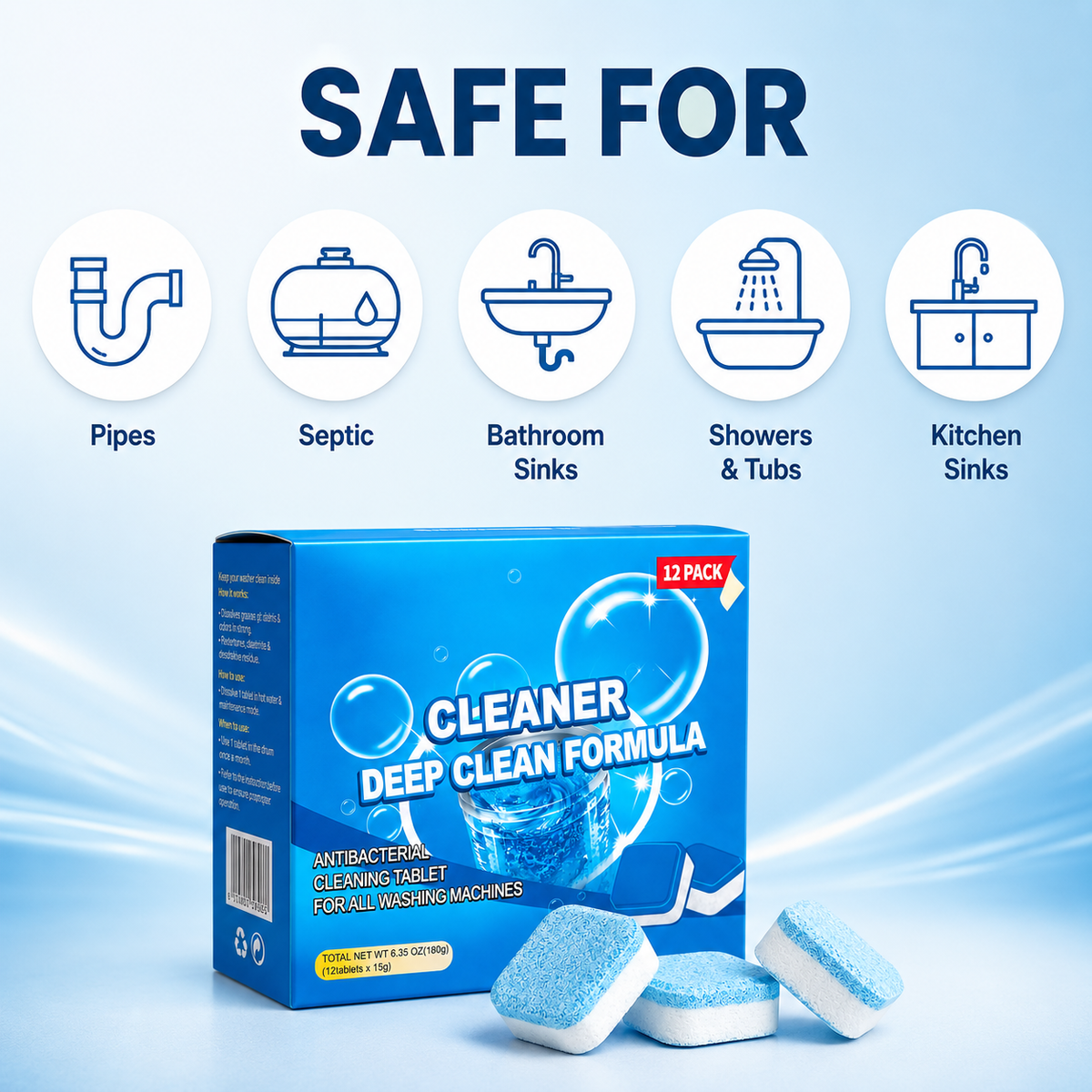 Drain Cleaning Tablets 12 Pack For Sinks, Showers & Washing Machines