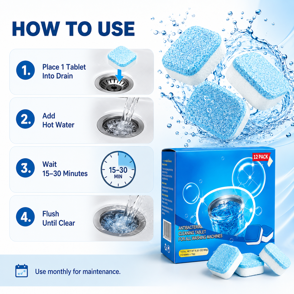 Drain Cleaning Tablets 12 Pack For Sinks, Showers & Washing Machines